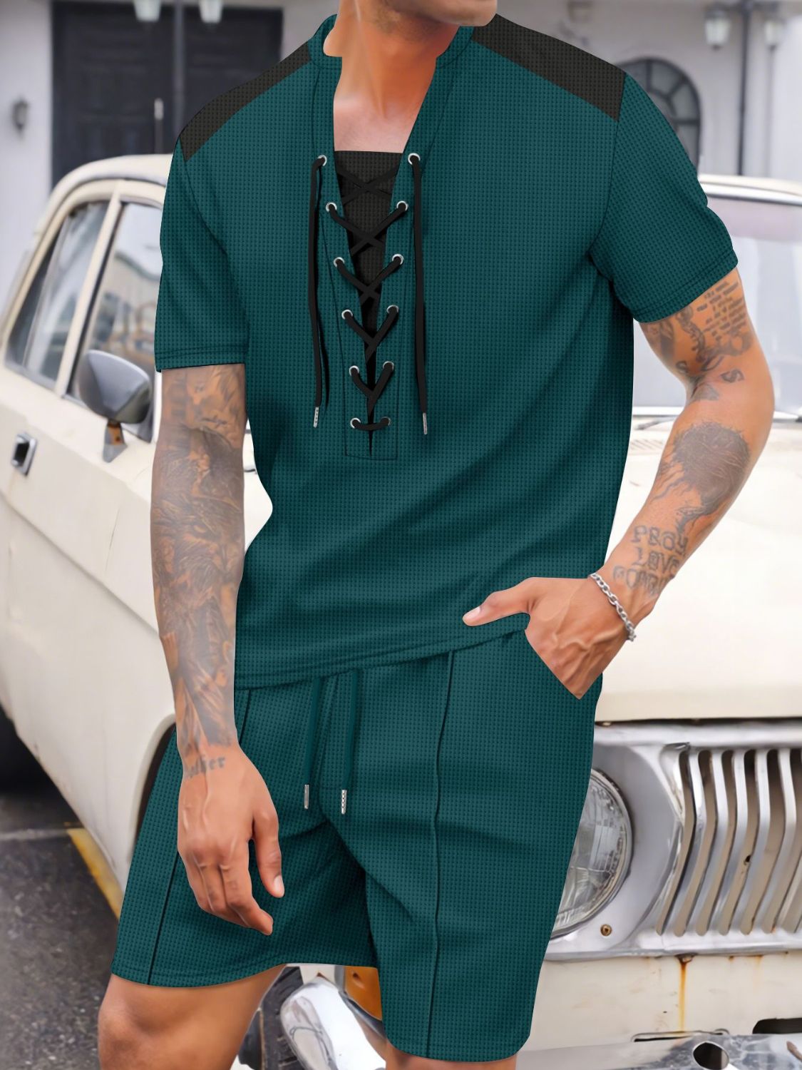 Men's Full Size Lace-Up Waffle Knit Top and Shorts Set Plus Size - Damned Threads